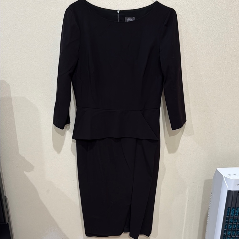 Vince Camuto Black Sheath Dress with Peplum and Bateau Sleeves